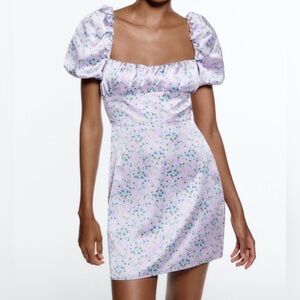 Zara Lilac Floral Mini Dress with Puff Sleeves